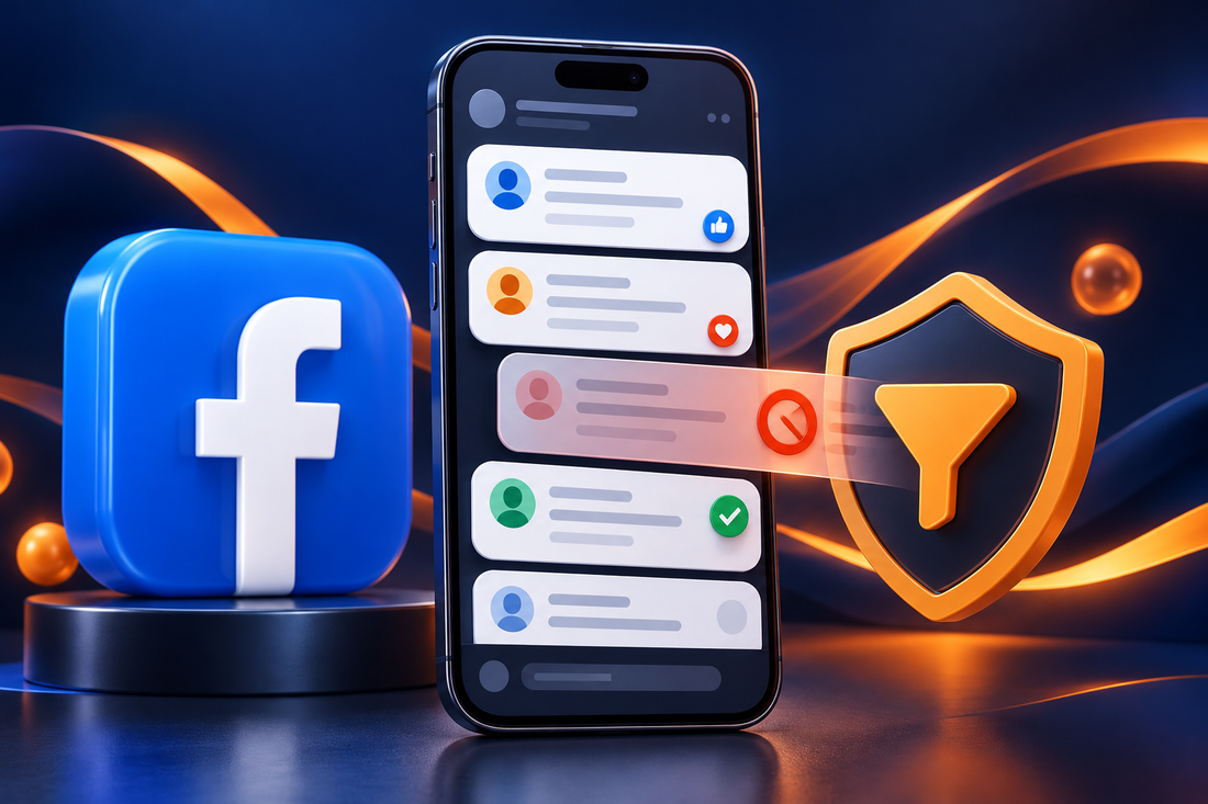 Ilustración 3D del logotipo de Facebook junto a un móvil y un filtro para moderar comentarios.