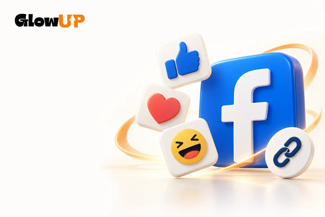 Logo original de GlowUP junto al icono de Facebook y tarjetas 3D con reacciones y un enlace.