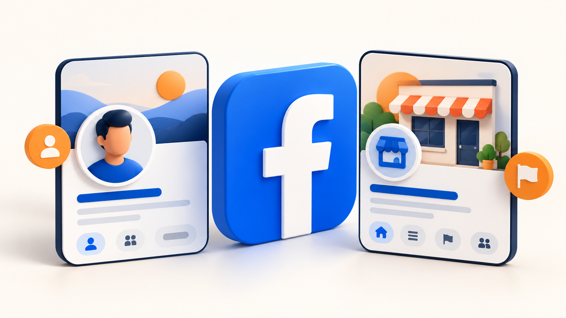 Logo Facebook entre una tarjeta de perfil personal y una página de negocio ilustradas en 3D