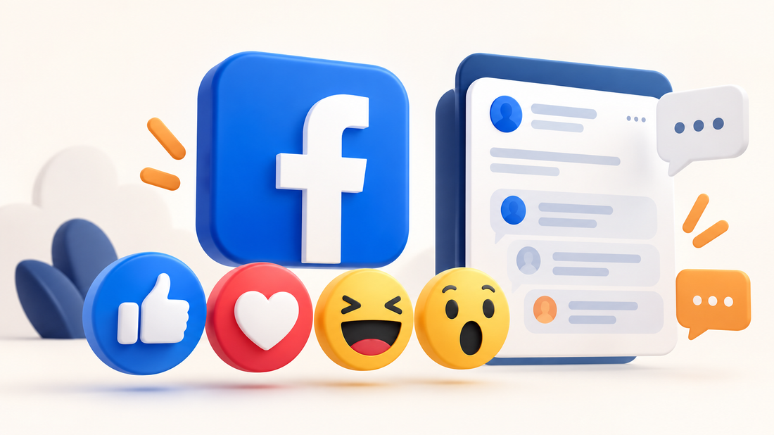 Logo Facebook con iconos de reacciones y una conversación ilustrada en 3D