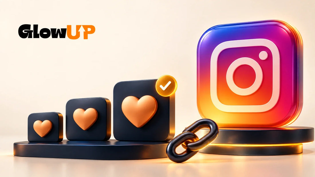 Logo de GlowUP junto al icono de Instagram y tres tarjetas 3D con corazones para comparar paquetes de likes.