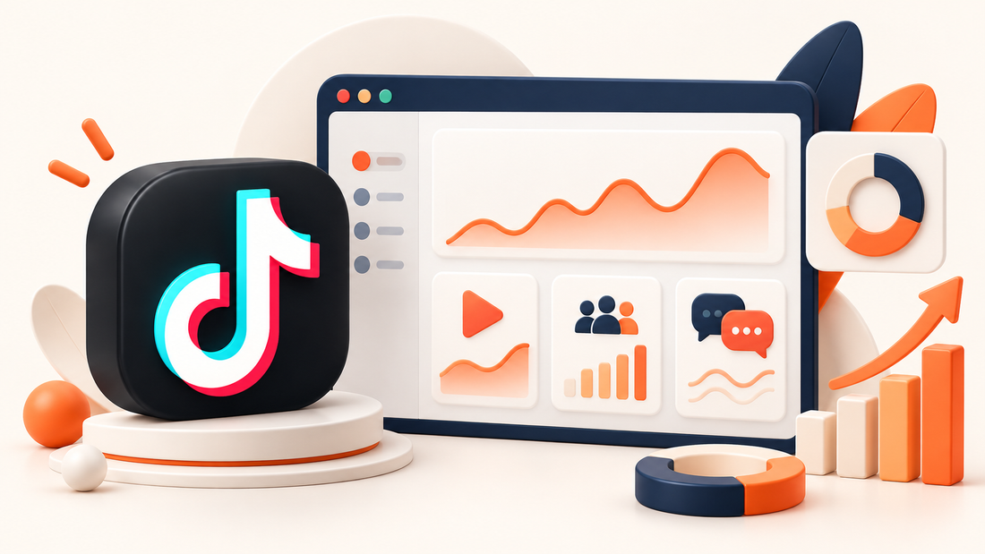 Logo TikTok junto a un panel ilustrativo de estadísticas en 3D