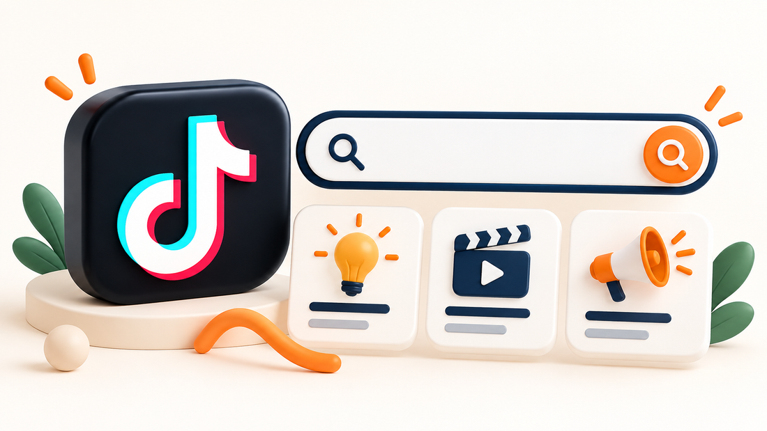 Logo TikTok con barra de búsqueda y tarjetas de temas en 3D
