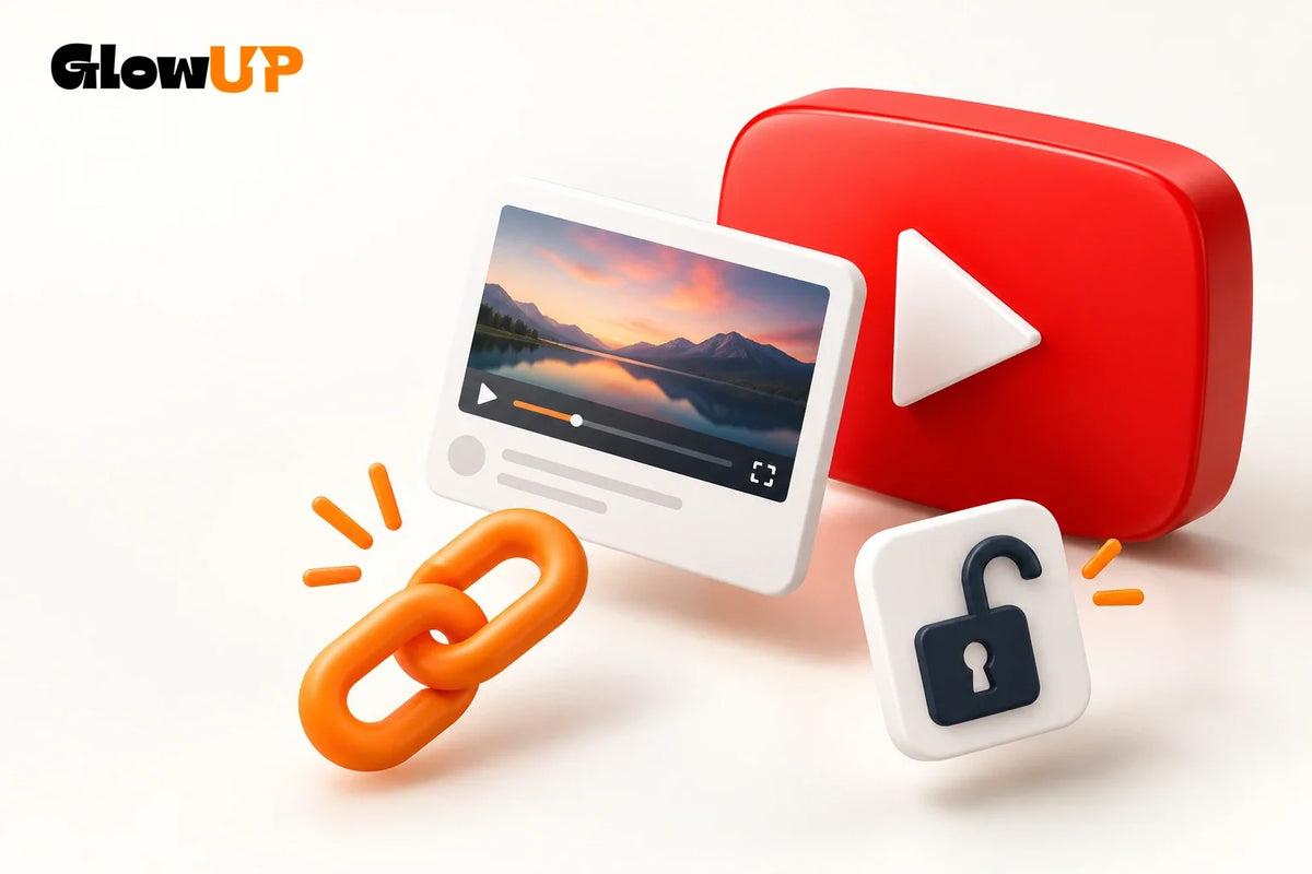 GlowUP y YouTube con una tarjeta de vídeo, un enlace y un candado abierto.