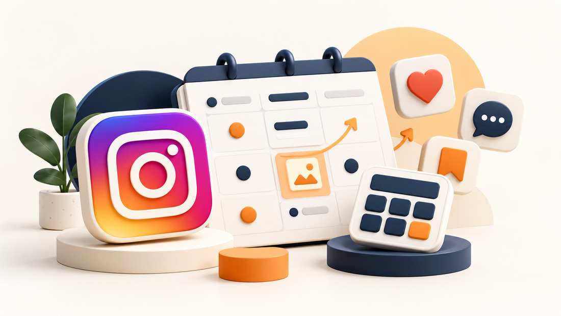 Logo de Instagram junto a una calculadora y tarjetas de interacciones en 3D