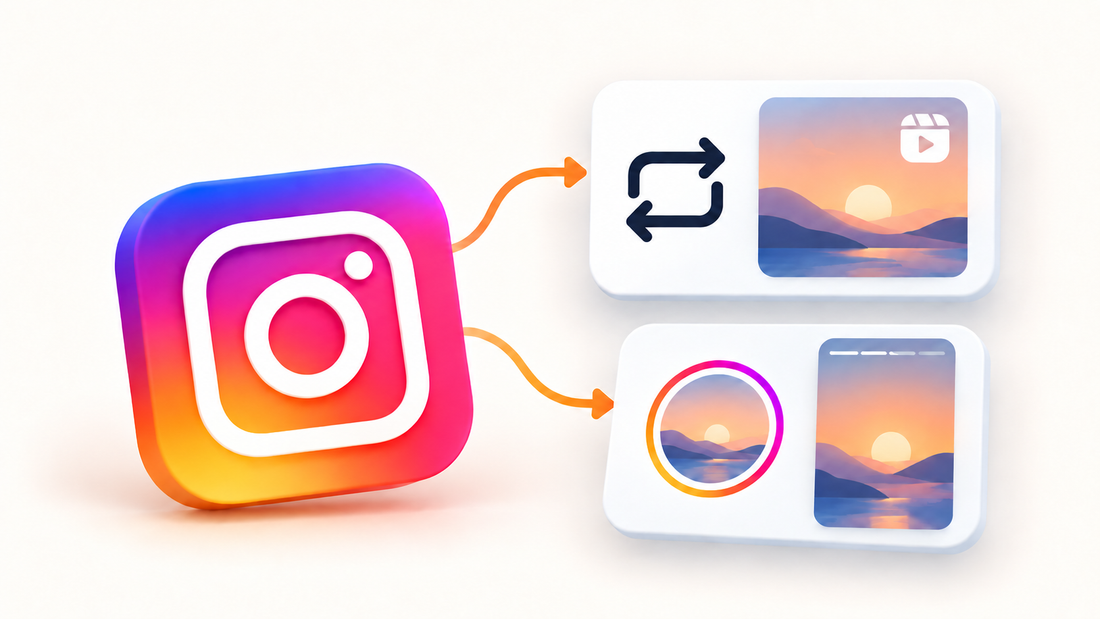 Icono de Instagram con tarjetas de repost y Stories en una ilustración de estilo SaaS