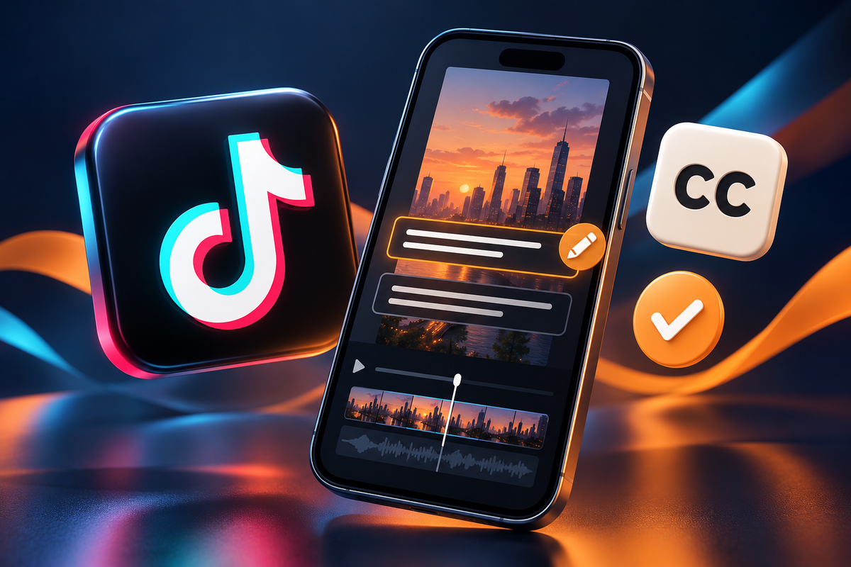Ilustración 3D del logotipo de TikTok y un móvil con subtítulos en revisión.
