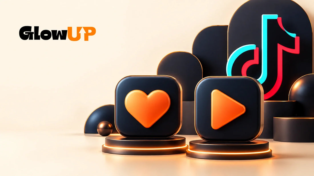 Logo de GlowUP con el símbolo de TikTok y tarjetas 3D de corazón y reproducción para comparar likes y visualizaciones.