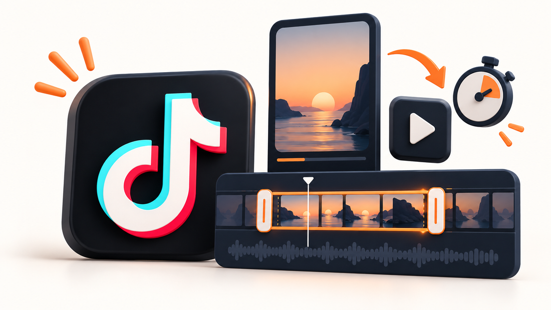 Logo TikTok con línea de edición de vídeo y cronómetro en 3D