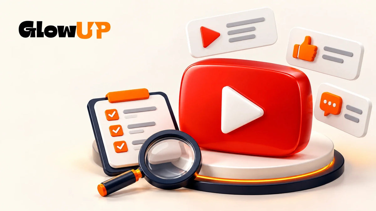 Guida GlowUP ai pacchetti YouTube con pulsante Play 3D, icone di like e commenti e lista dei controlli prima dell'ordine.