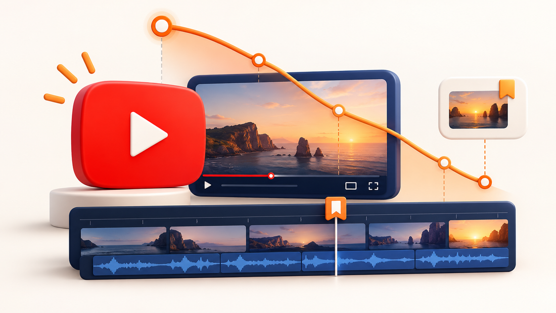 Logo YouTube con una curva ilustrativa de retención y línea de edición en 3D