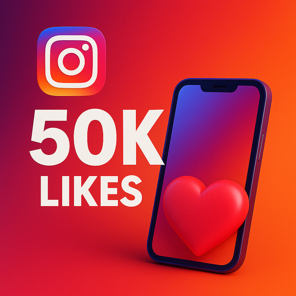 
Instagram design with the text “50K likes”, a phone and a heart.