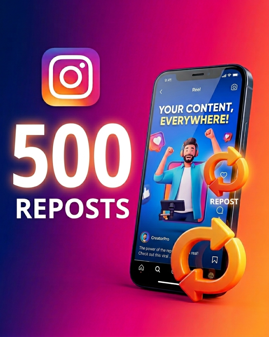 
Ilustración de 500 reposts para Instagram con flechas de republicación.