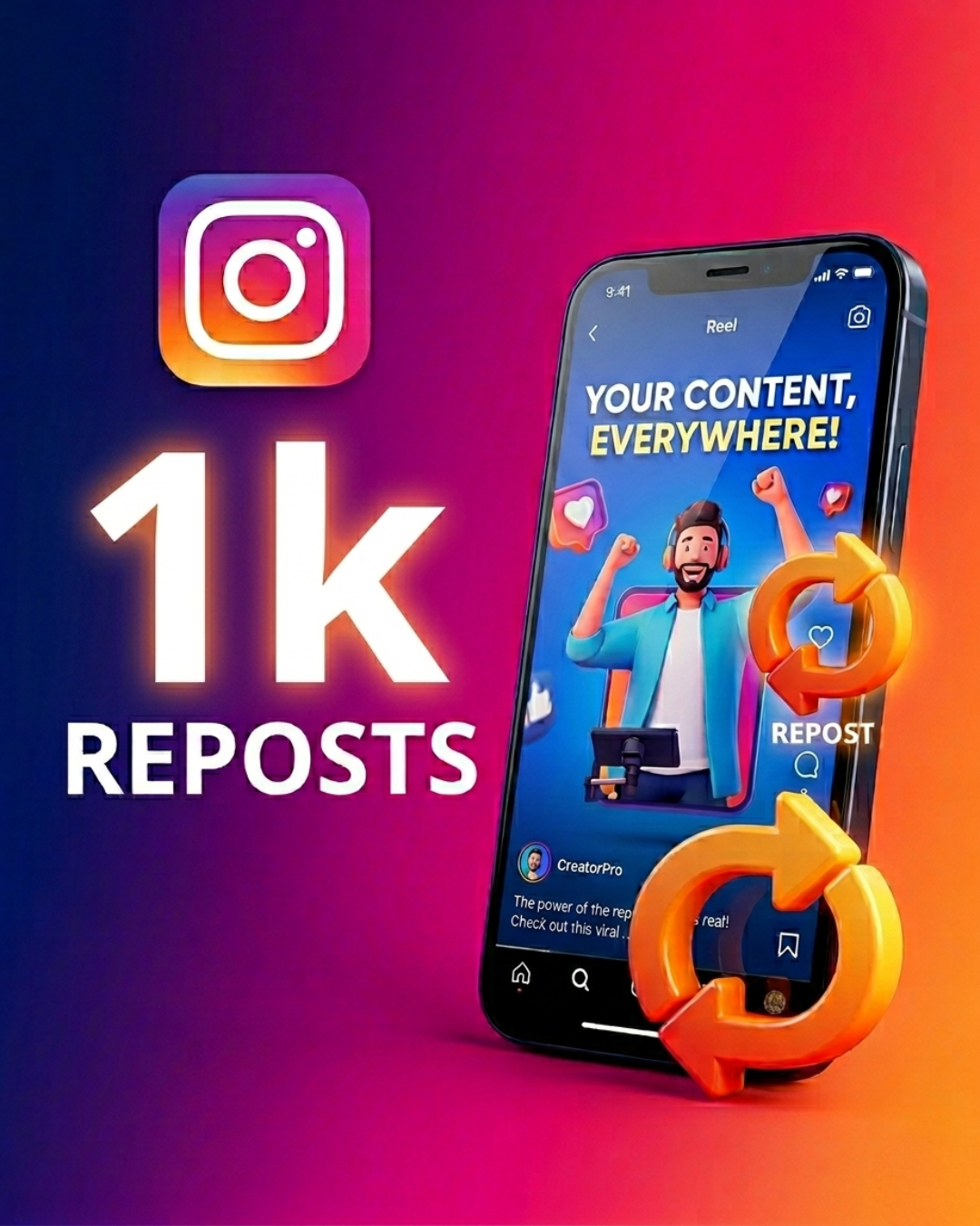 
Ilustración de 1.000 reposts para Instagram con flechas de republicación.