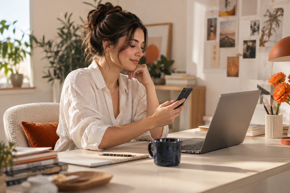 
Content-Creatorin mit Handy und Laptop an ihrem Schreibtisch